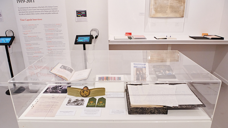 Plinth displaying documents at the Sir Zelman Cowen exhibition