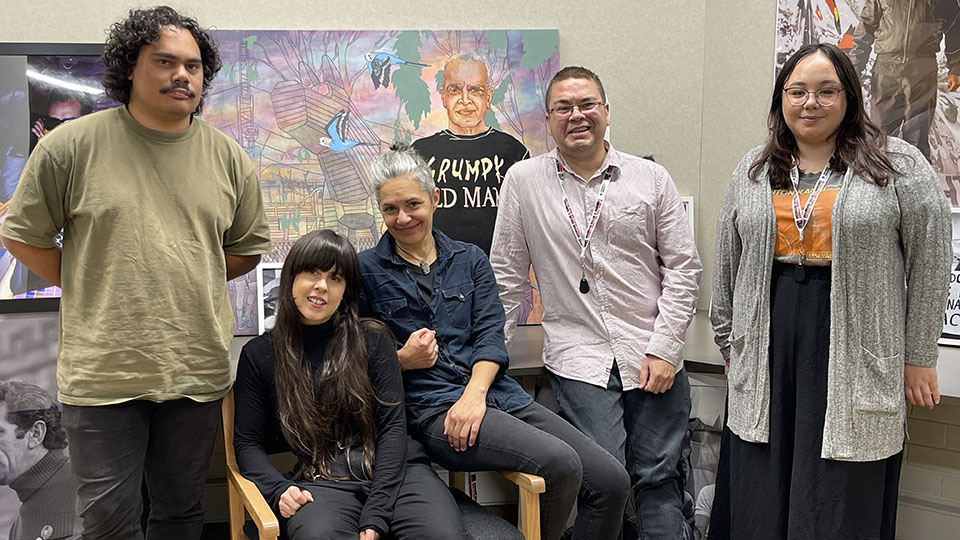Aboriginal History Archive Interns Elijah McDonald, Natasha Ritchie, Coen Brown, Kamiko Martin, with Project Manager Rochelle le Pere (centre).