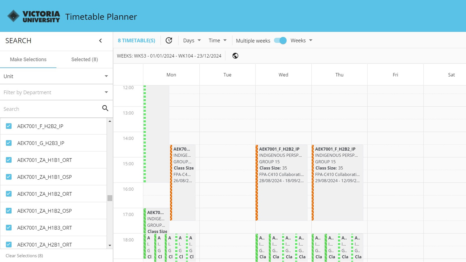 A screenshot of Timetable Planner. On the left side, rows of unit codes are selected from a list. On the right-hand side is a calendar showing when classes are happening.