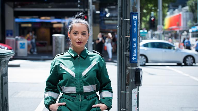 VU paramedic student Sarah standing in Bourke St Mall.
