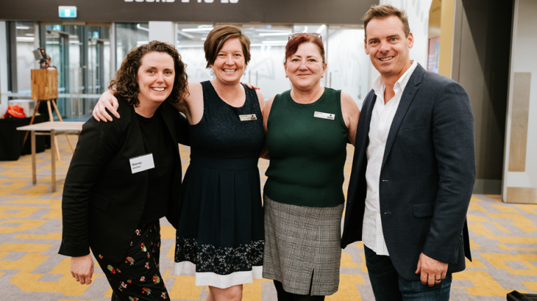 L - R: VU's Stacey Lynn, Shannyn Cain, Elisse Baitz, with Aaron Fitzgerald