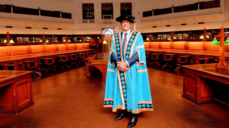 Chancellor Steve Bracks, posing in his robes.