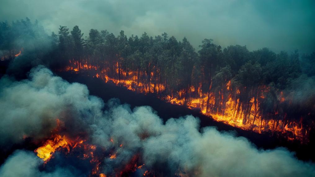 A bushfire tearing through a forest. Thick smoke covers the landscape.