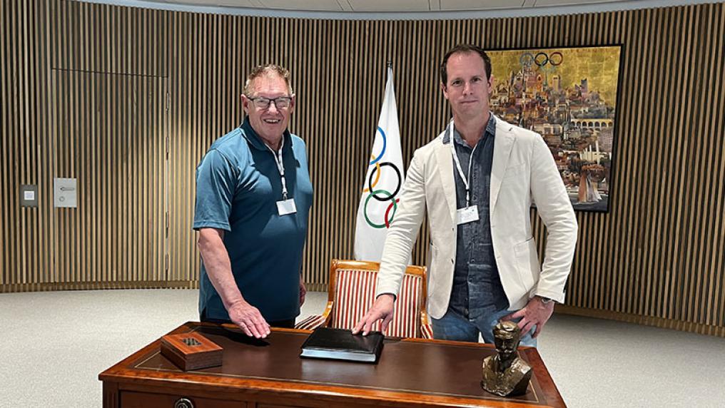 Richard Baka from VU  and Bjorn Galjaardt from U of Q at the 4th Colloquium of OSRCs in France during a tour of the IOC headquarters in Lausanne, Switzerland