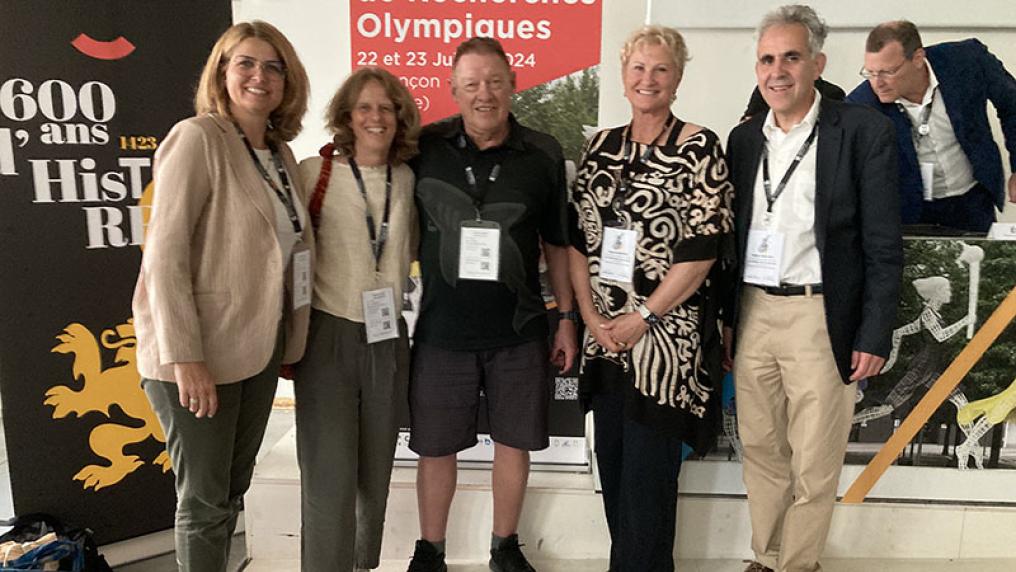 Maria Bogner and Nuria Puig from the IOC, Richard Baka from VU, Angela Schneider from Western University, Canada, and Stephan Wassong from the German Sport University at the 4th Colloquium of OSRCs in France