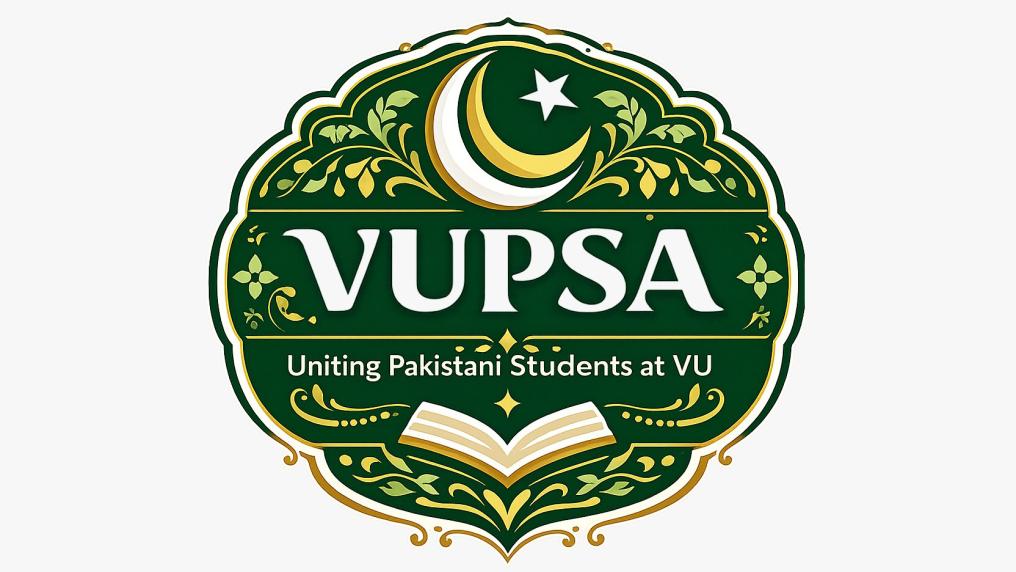 Dark green logo with crescent moon and star: VUPSA uniting Pakistani students at VU