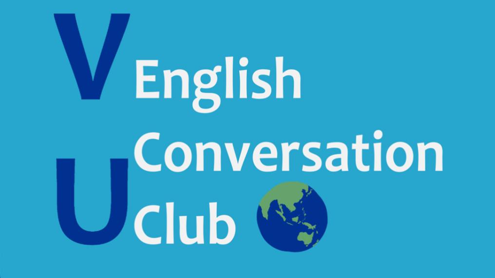 VU English Conversation Club logo with blue background and small globe. 