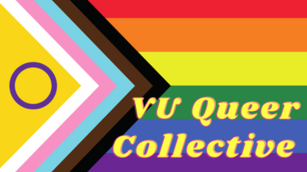 Progress Pride flag with the words 'VU Queer Collective'